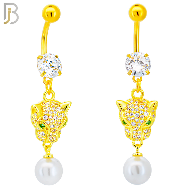 N0141 - 316L Surgical Steel Dangling Green Eyed Tiger Head with Multi CZ and Dangling Pearl Belly Ring image 2