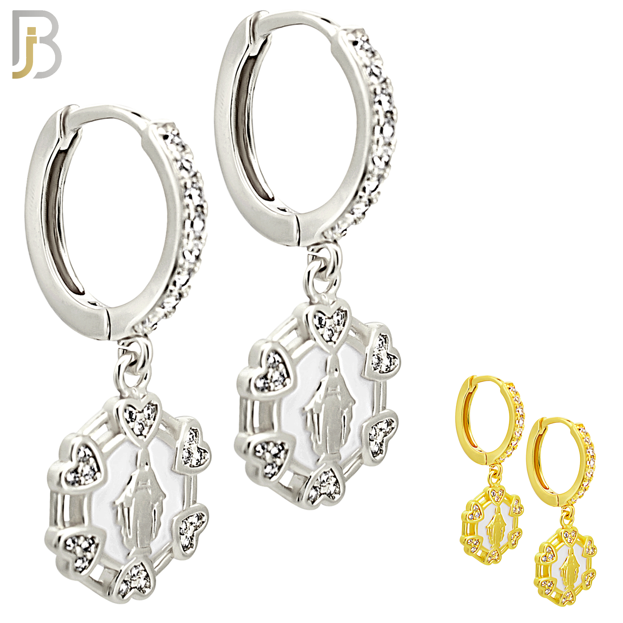 ES490 - 316L Stainless Steel Dangling Virgin Mary with Six Surrounding Hearts Huggies Earrings image 0