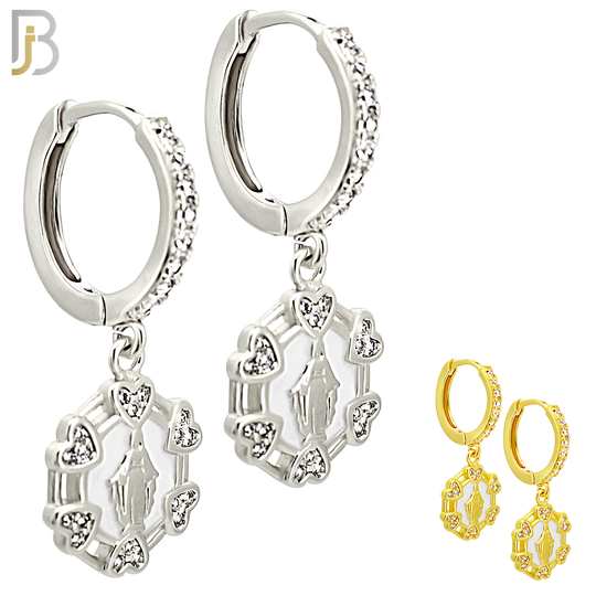ES490 - 316L Stainless Steel Dangling Virgin Mary with Six Surrounding Hearts Huggies Earrings image 0