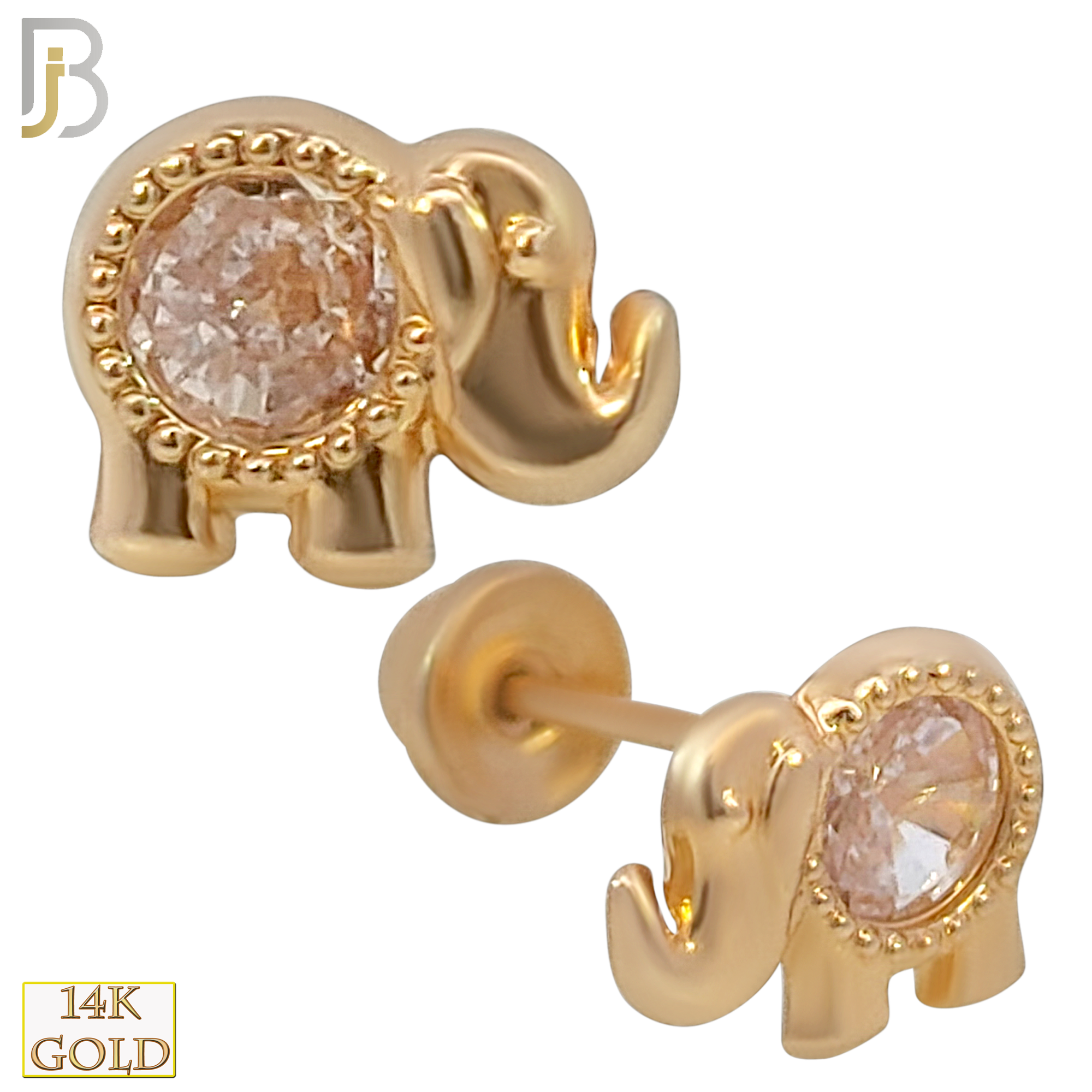 14k Solid Gold Elephant with CZ Stud Earrings - Screw Back image 0