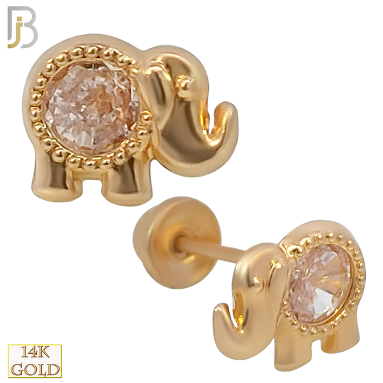 14k Solid Gold Elephant with CZ Stud Earrings - Screw Back image 0