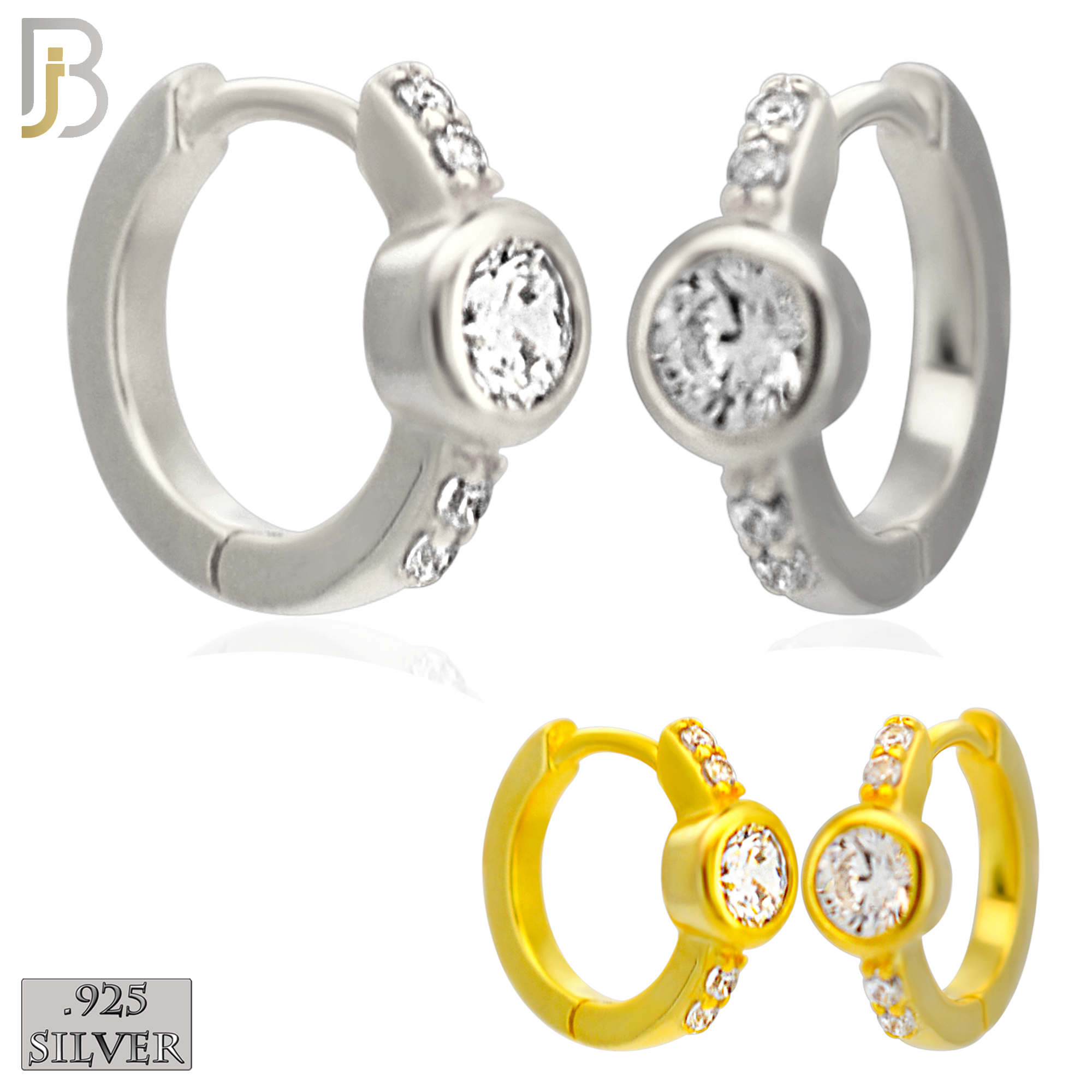 925-ES482 - 925 Sterling Silver Round CZ in Bezel Setting with Side CZs Huggies Earrings image 0