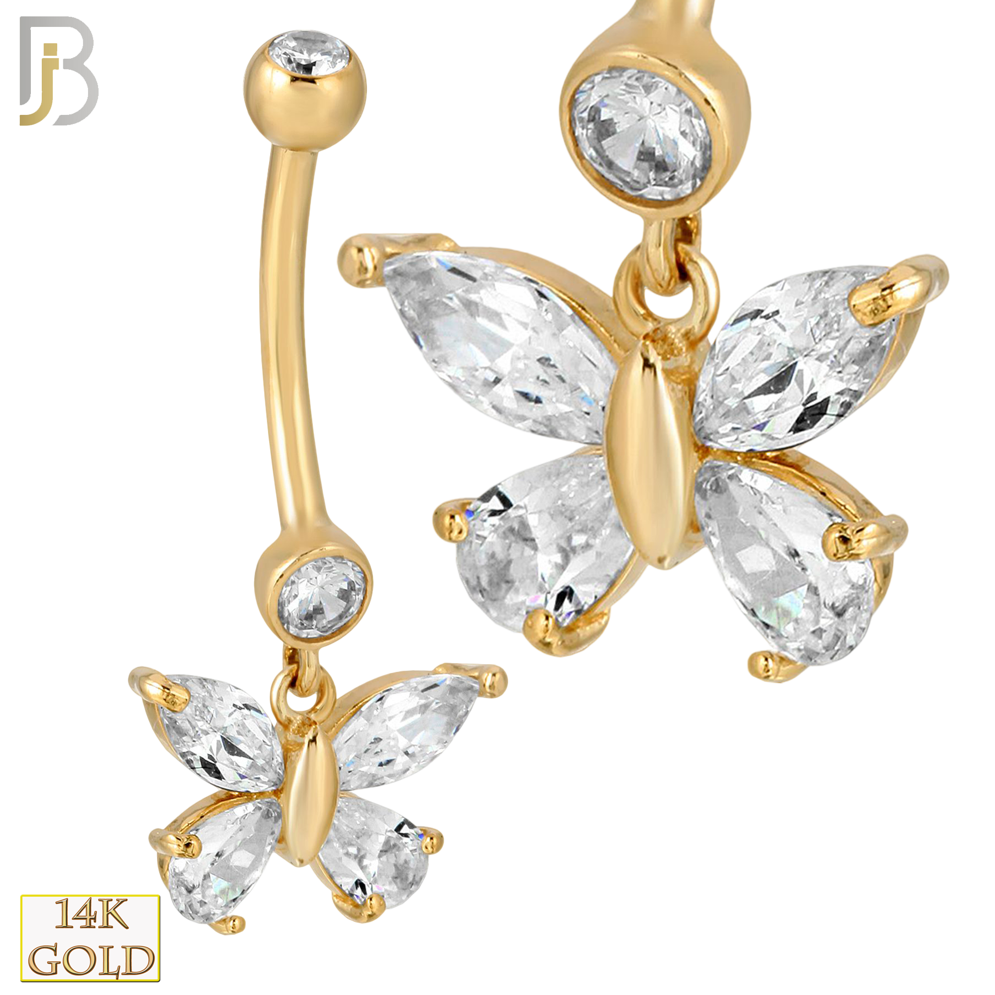 14-N001 - 14k Solid Gold Dangle Belly Ring with 8mm Butterfly Design image 0