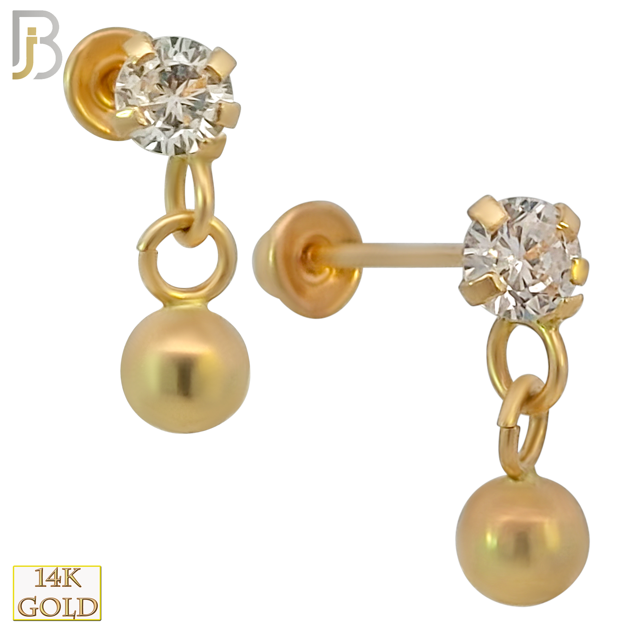 14k Solid Gold Dangling Ball Stud Earrings with CZ - Screw Back image 0