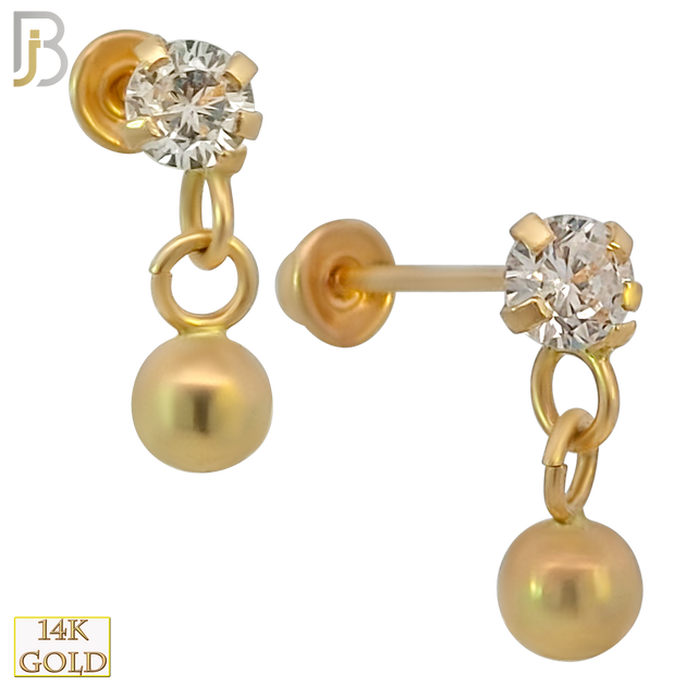 14k Solid Gold Dangling Ball Stud Earrings with CZ - Screw Back image 0