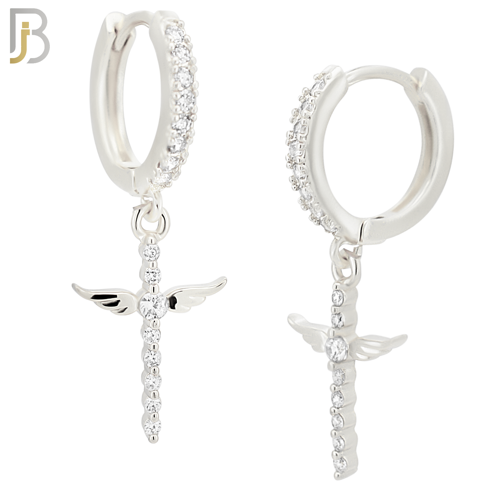 ES111 - 316L Stainless Steel Dangling Angel Wing Cross with Zircon Huggies Clip On image 1