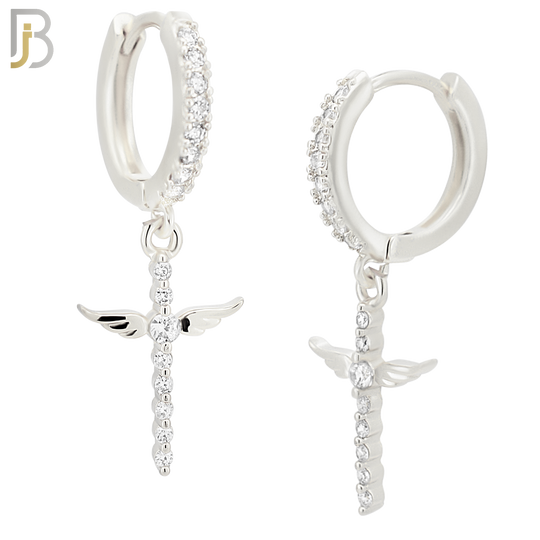 ES111 - 316L Stainless Steel Dangling Angel Wing Cross with Zircon Huggies Clip On image 1