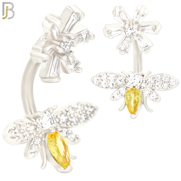 NB31 - 316L Stainless Steel Bee with Flower Top Zircon Banana Belly Navel Ring image 2