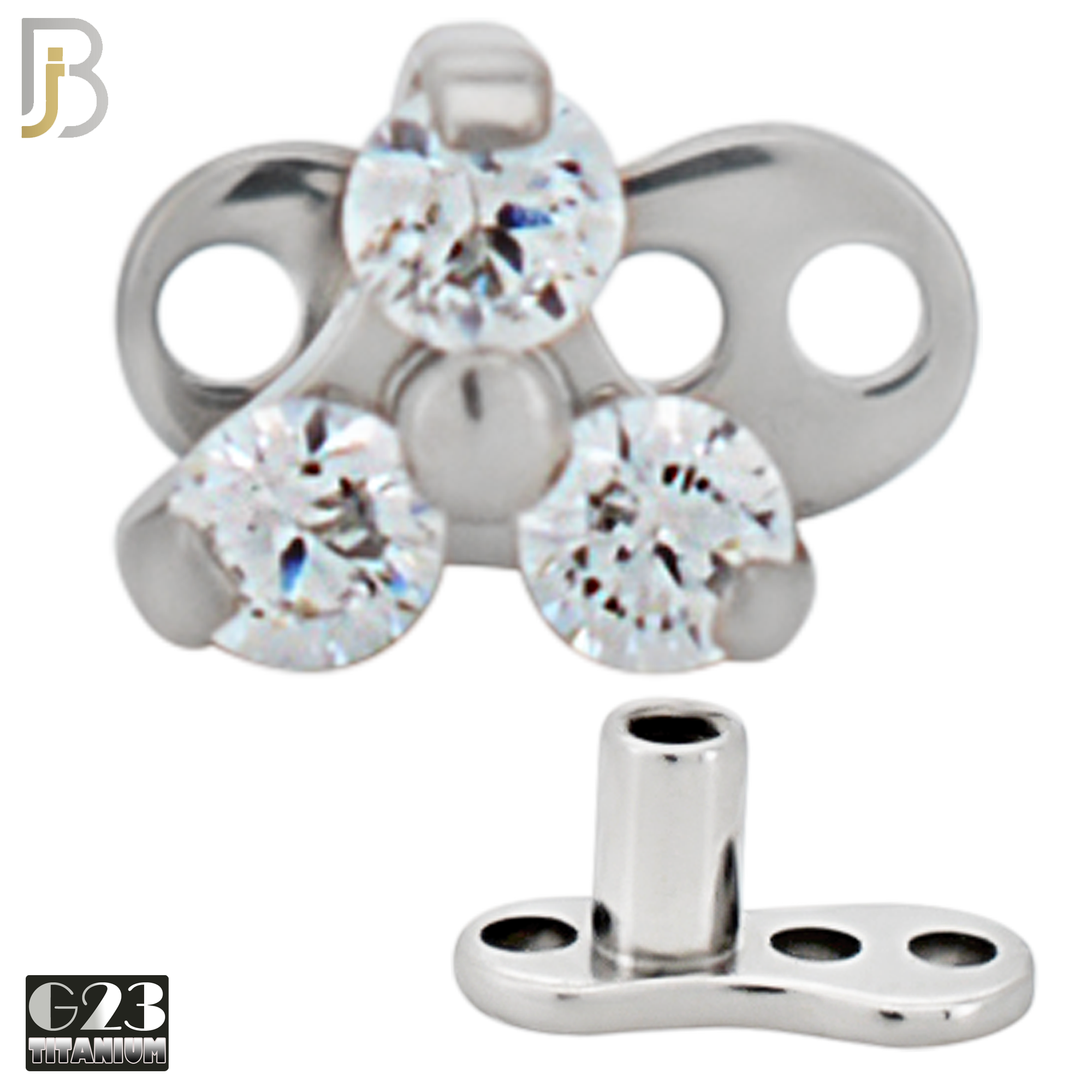 G23-DM21 - G23 Titanium Anchor with Surgical Steel Three Round Clear CZ in Triangle Dermal Top image 1