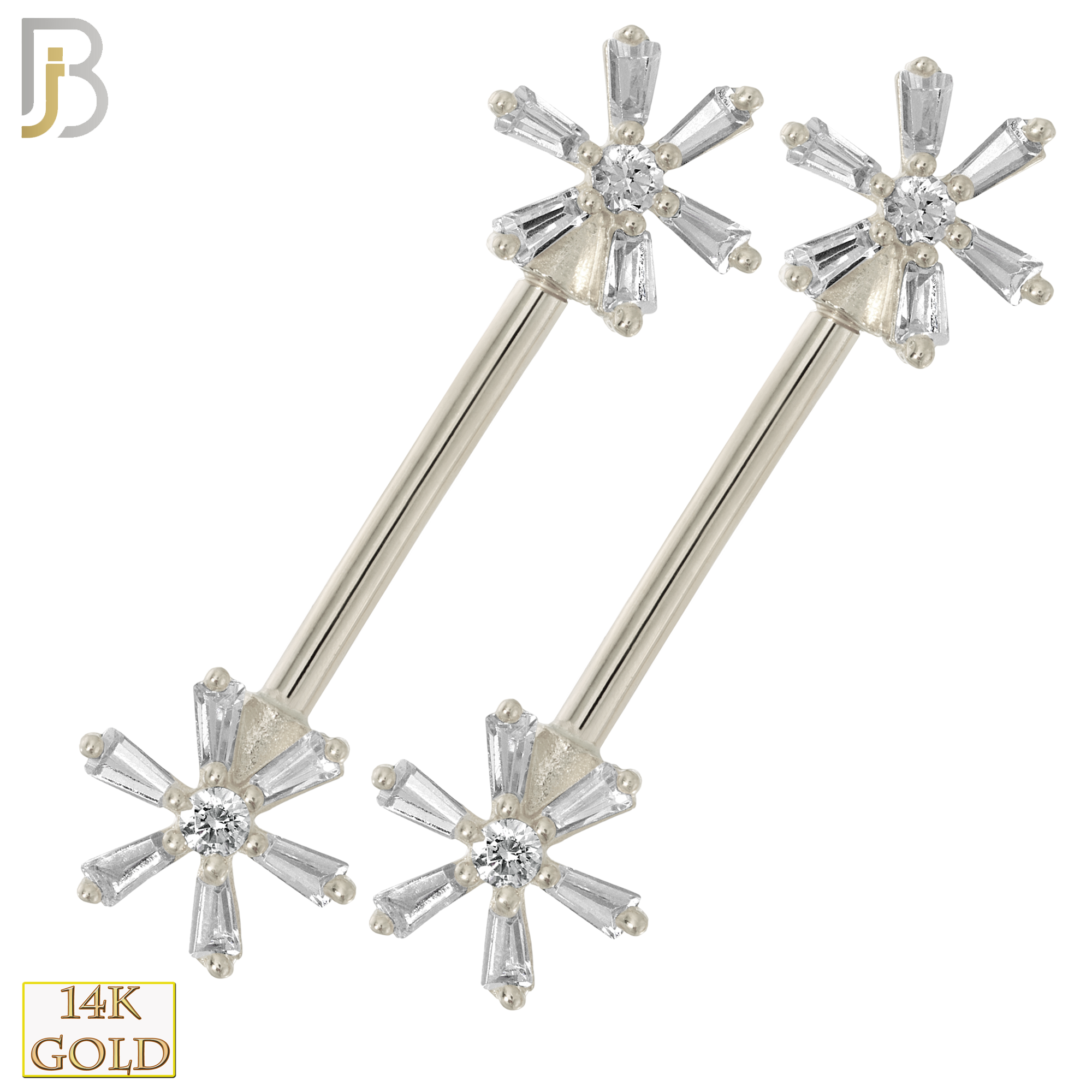 14-NP29 – 14K Solid Gold Flower Design with Zircon Externally Threaded Nipple Ring (Pair) image