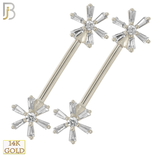 14-NP29 – 14K Solid Gold Flower Design with Zircon Externally Threaded Nipple Ring (Pair) image