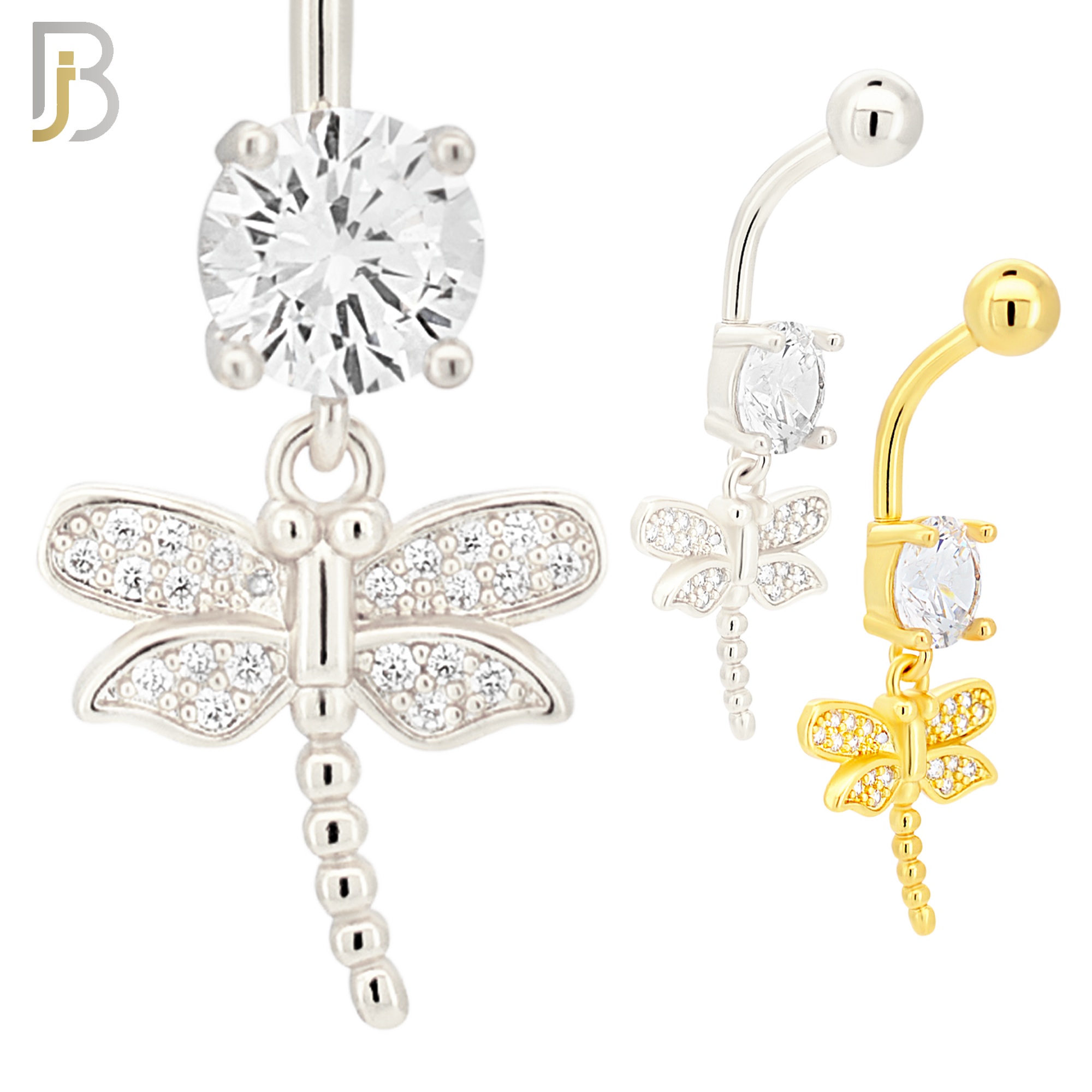 N0134 - 316L Stainless Steel Dragonfly with Multi CZ Banana Belly Ring image 0