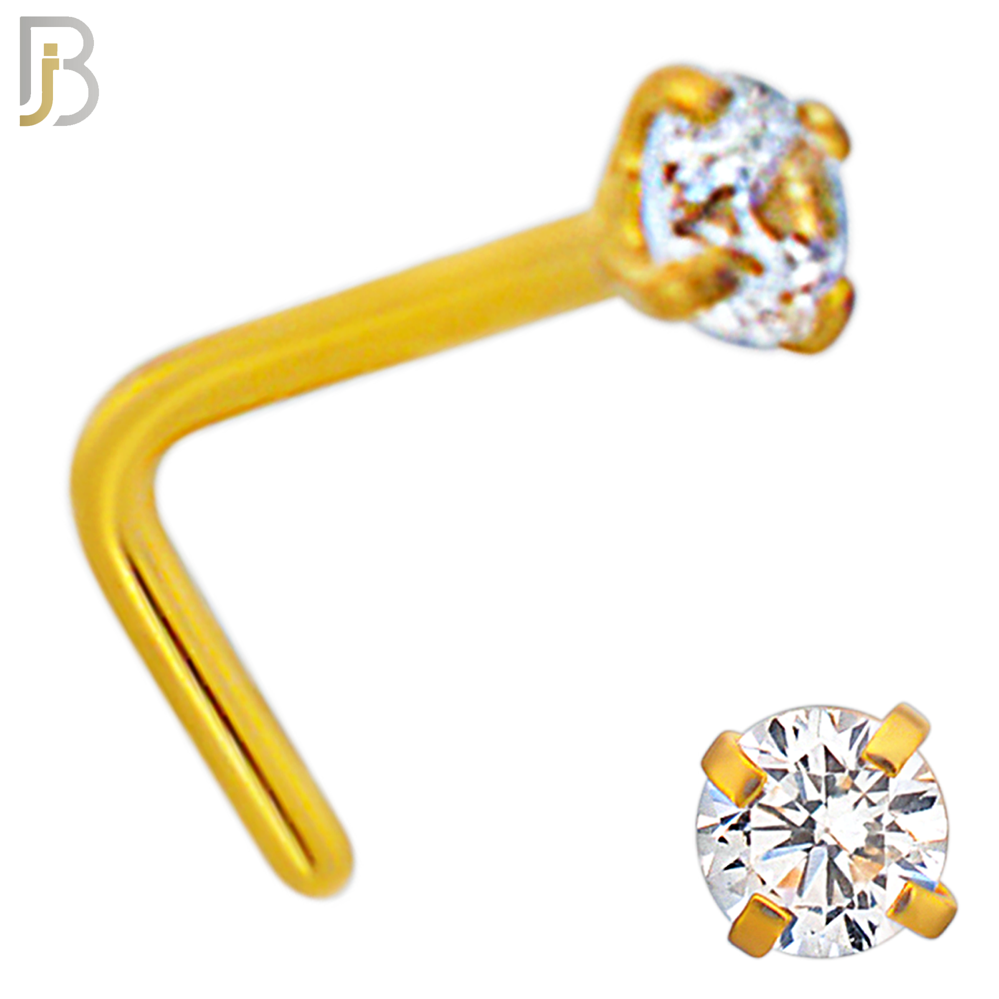 NR10G - 316L Surgical Steel Gold Plated Nose L-Shape Prong Set Zircon Round Nose Ring (PACK OF 6) image 3