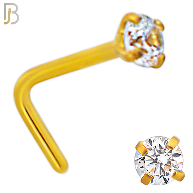 NR10G - 316L Surgical Steel Gold Plated Nose L-Shape Prong Set Zircon Round Nose Ring (PACK OF 6) image 3