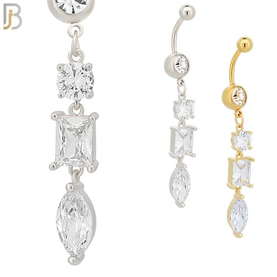 N060 - 316L Stainless Steel Dangling 3 Shapes, Round, Rectangle, Oval Design Belly Ring with 5mm Screw Ball Top image 0