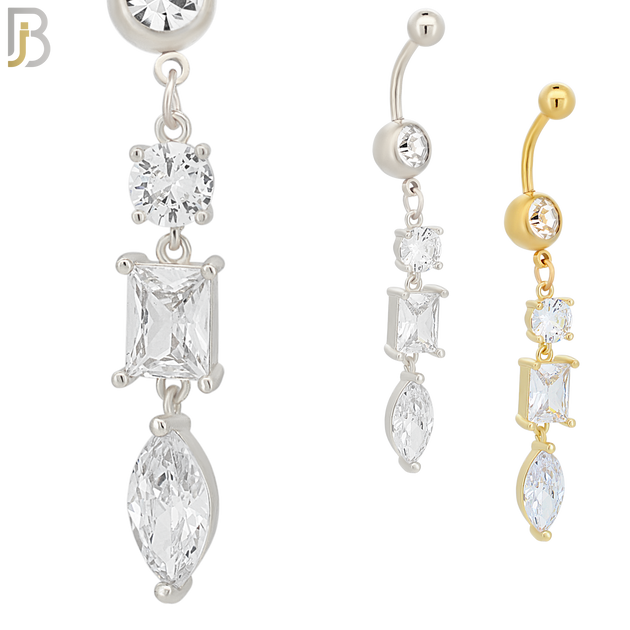 N060 - 316L Stainless Steel Dangling 3 Shapes, Round, Rectangle, Oval Design Belly Ring with 5mm Screw Ball Top image 0