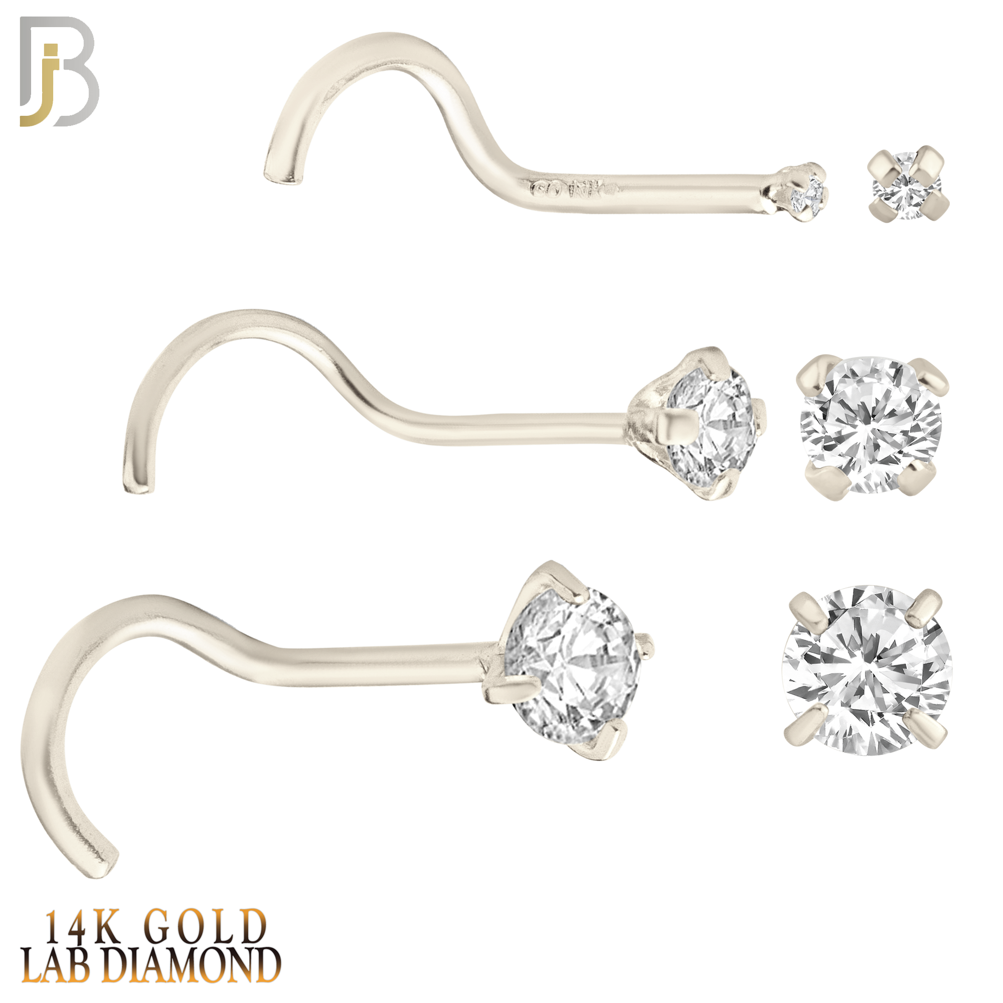 14-NR03L - 14k Solid  Gold Prong Setting  Round Lab Diamond Nose Screw, Cork Screw image 1