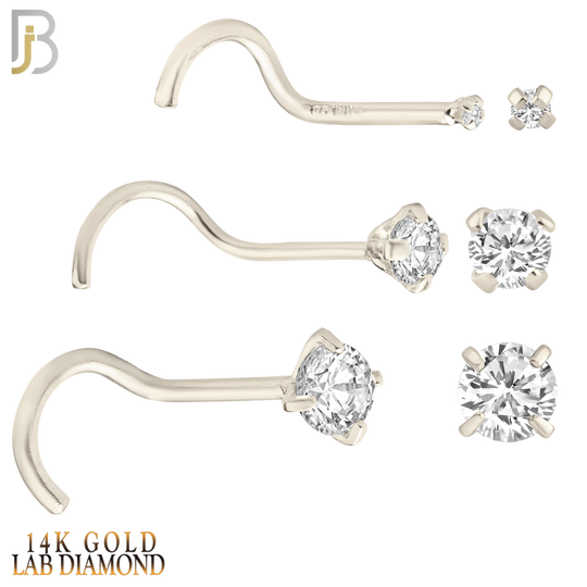 14-NR03L - 14k Solid  Gold Prong Setting  Round Lab Diamond Nose Screw, Cork Screw image 1