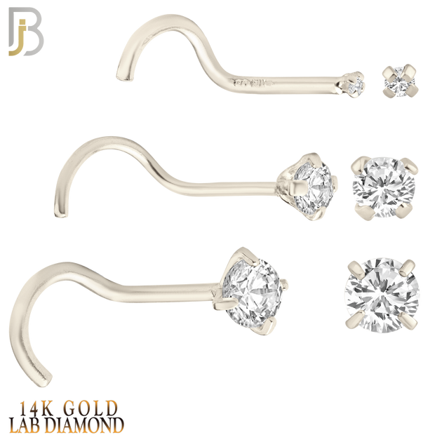 14-NR03L - 14k Solid  Gold Prong Setting  Round Lab Diamond Nose Screw, Cork Screw image 1