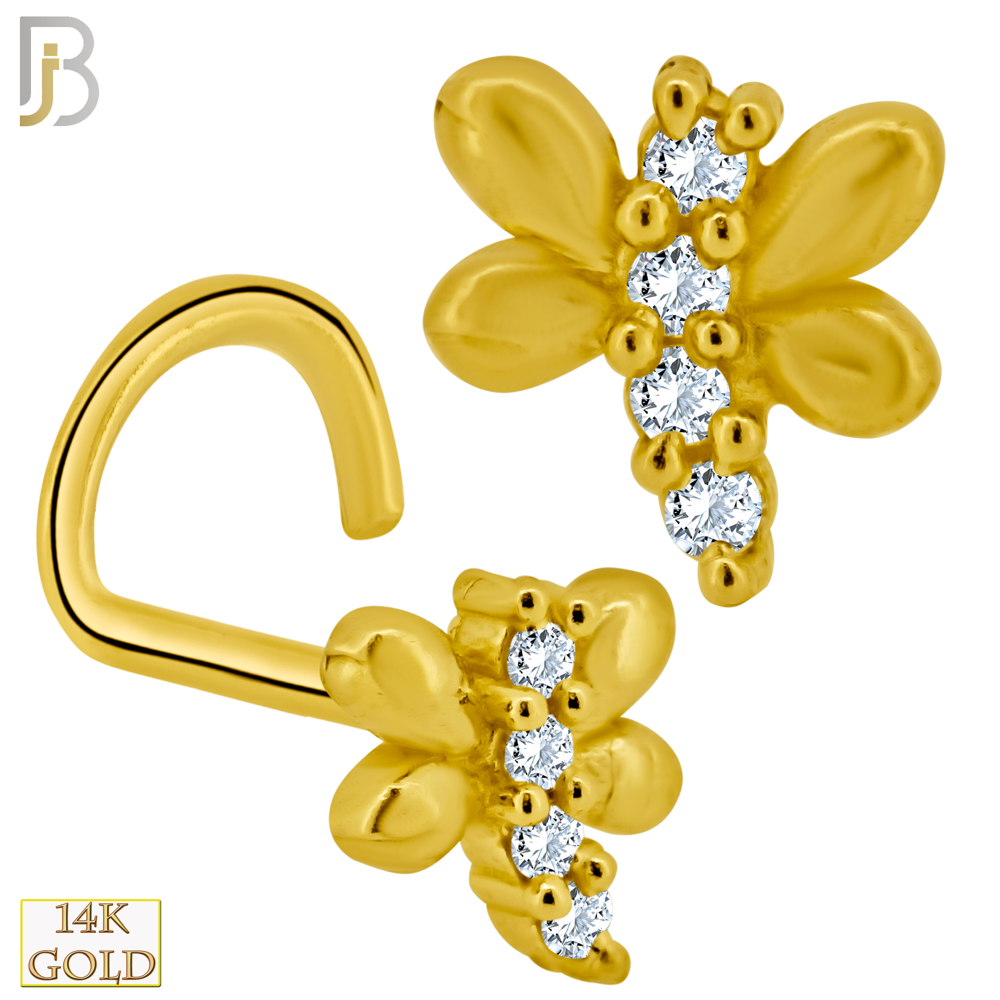 14-NR54C - 14k Solid Gold Corkscrew Dragonfly Design Clear Zircon image 0