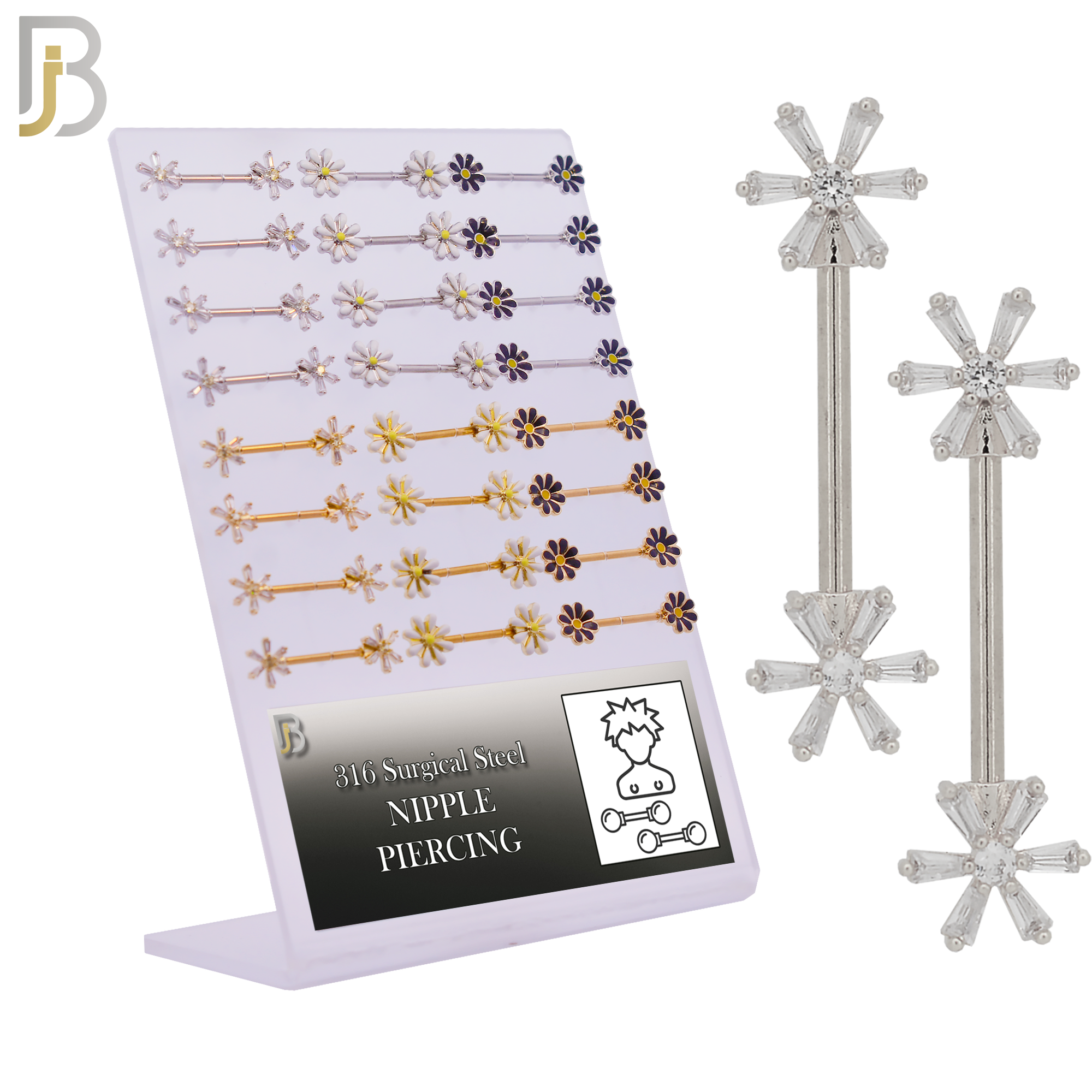 PK-NPFL01 - 316L Surgical Steel Different Flower Design Nipple Rings Pack of 12 Pairs image 0