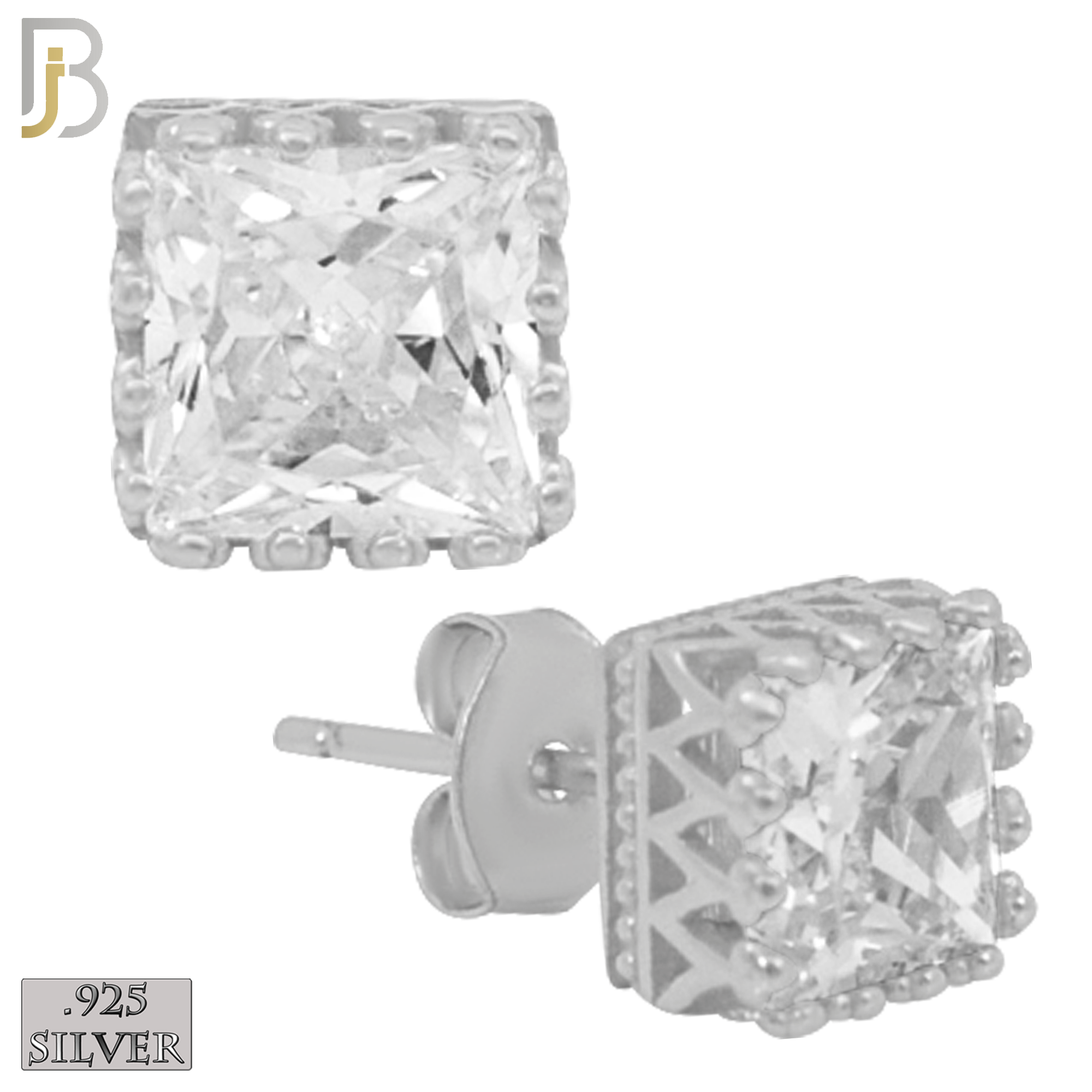 925-ES65 - .925 Sterling Silver Square Princess Cut Crown Design  Prong Zircon Earring Stud image 1