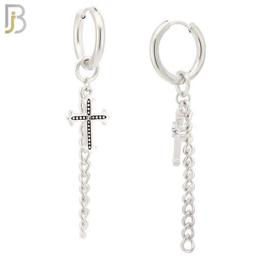 ES286 - 316L Stainless Steel Cross & Long Chain Dangle Drop Hoop Huggies Earrings - Steel image