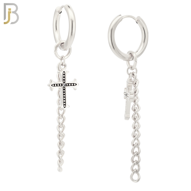 ES286 - 316L Stainless Steel Cross & Long Chain Dangle Drop Hoop Huggies Earrings - Steel image