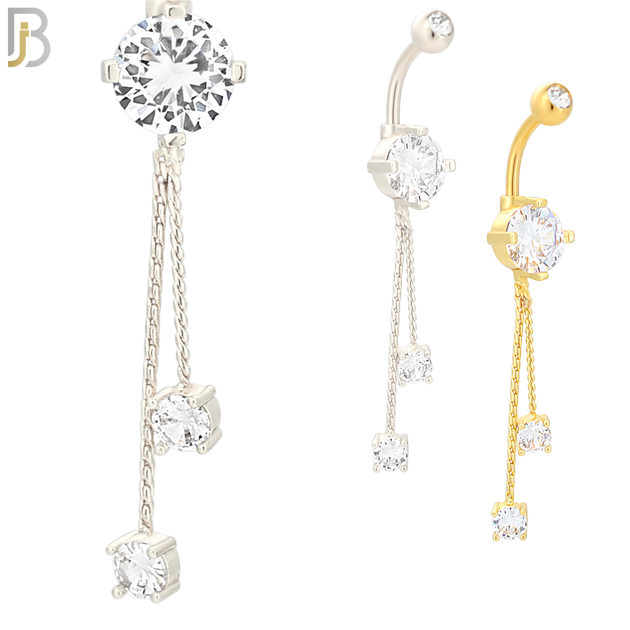 N049 - 316L Stainless Steel Dangling Hanging Round Prong Zircon Design Belly Ring with 5mm Screw Ball image 0