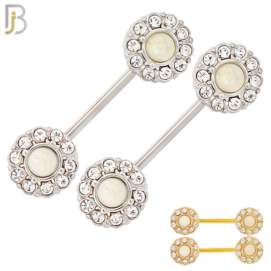 NP12 - 316L Surgical Steel Screw Round Opal with Multi Zircon Nipple Ring Piercing image 0