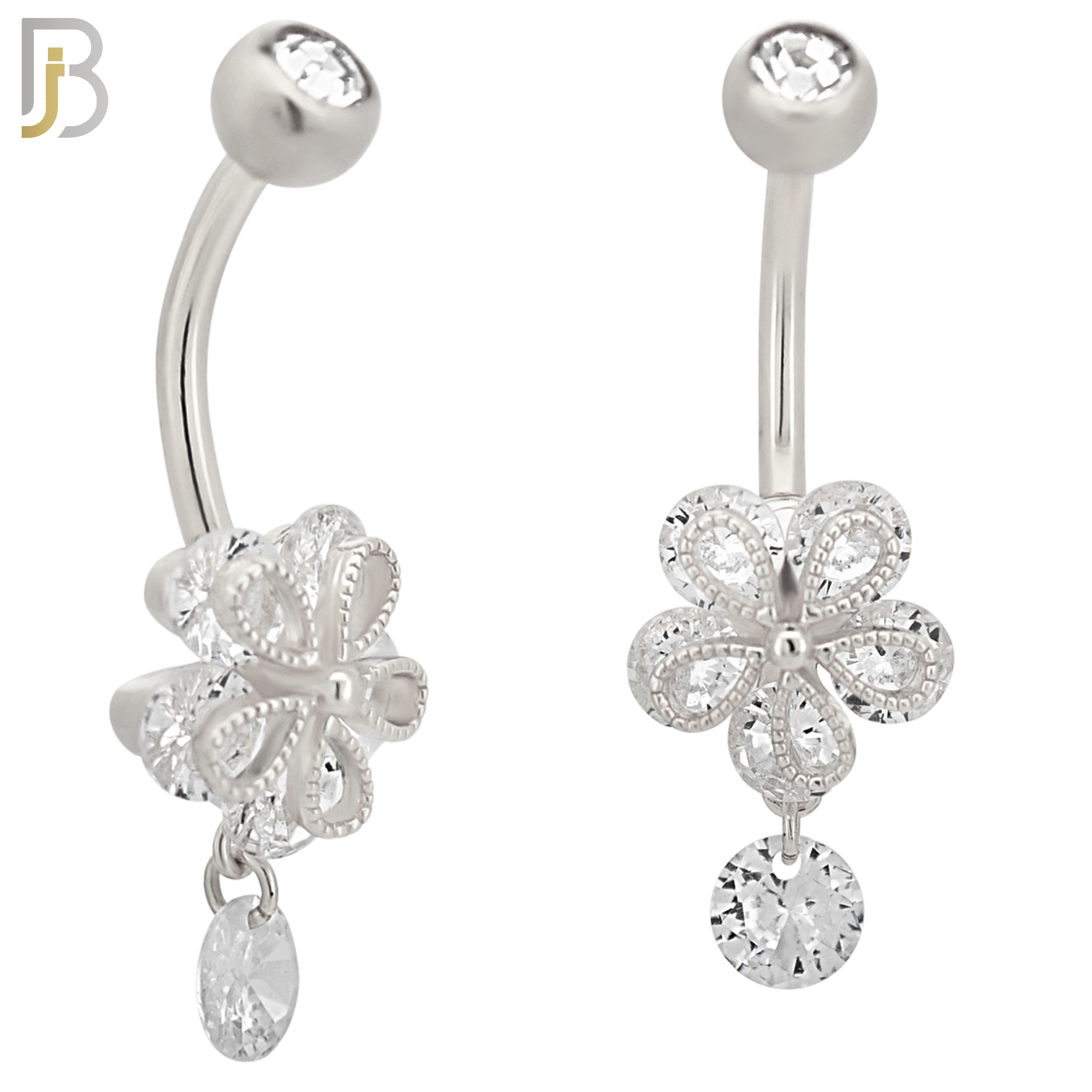 NB91 - 316L Stainless Steel Flower with Dangle CZ  Design CZ Banana Belly Ring and 5mm Screw Top image 1