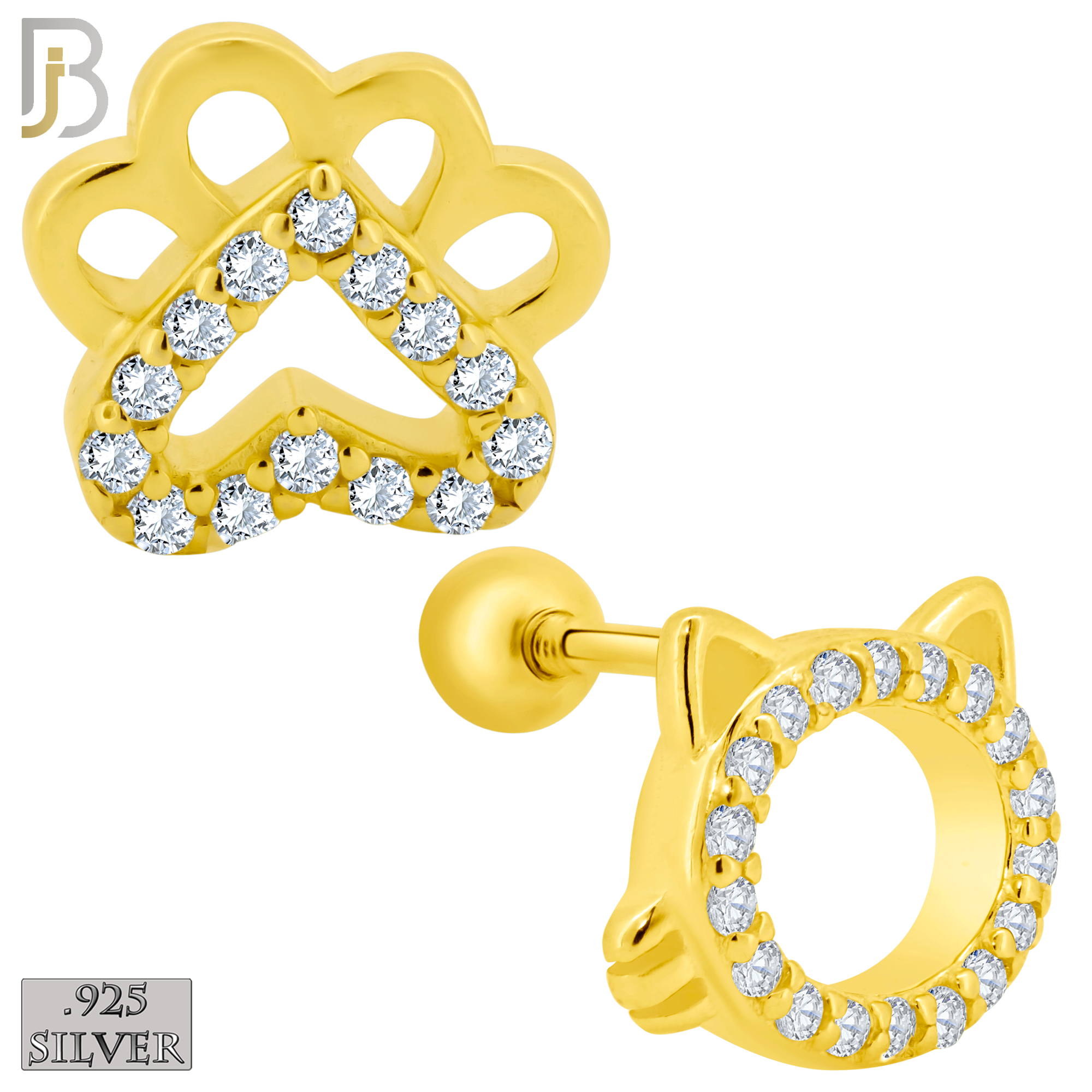 925-ES217 – Screw Ball Back - .925 Sterling Silver Cat Head and Paw Mismatched Design Earring Stud with Zircon image 2