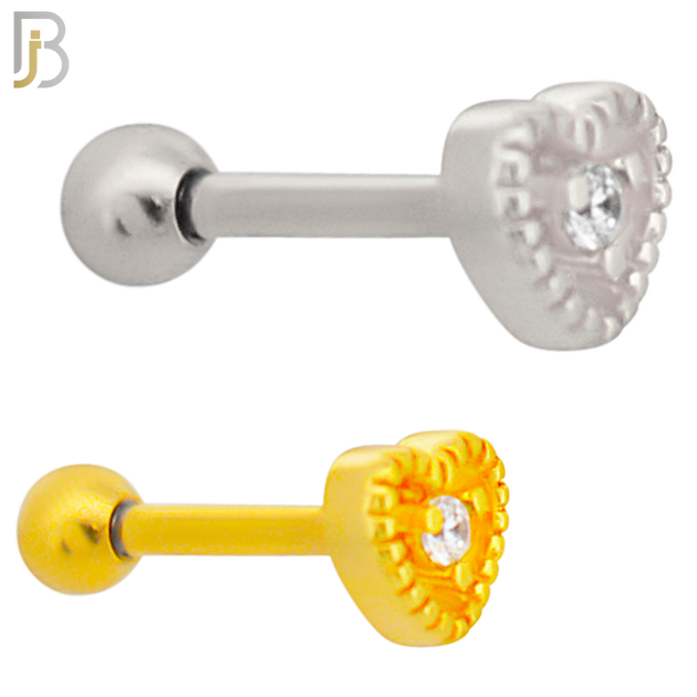 TB43 - 316L Stainless Steel and Brass Hollow Heart with Zircon Center Design Tragus Barbell Cartilage Piercing Screw Ball (PACK OF 6) image 0