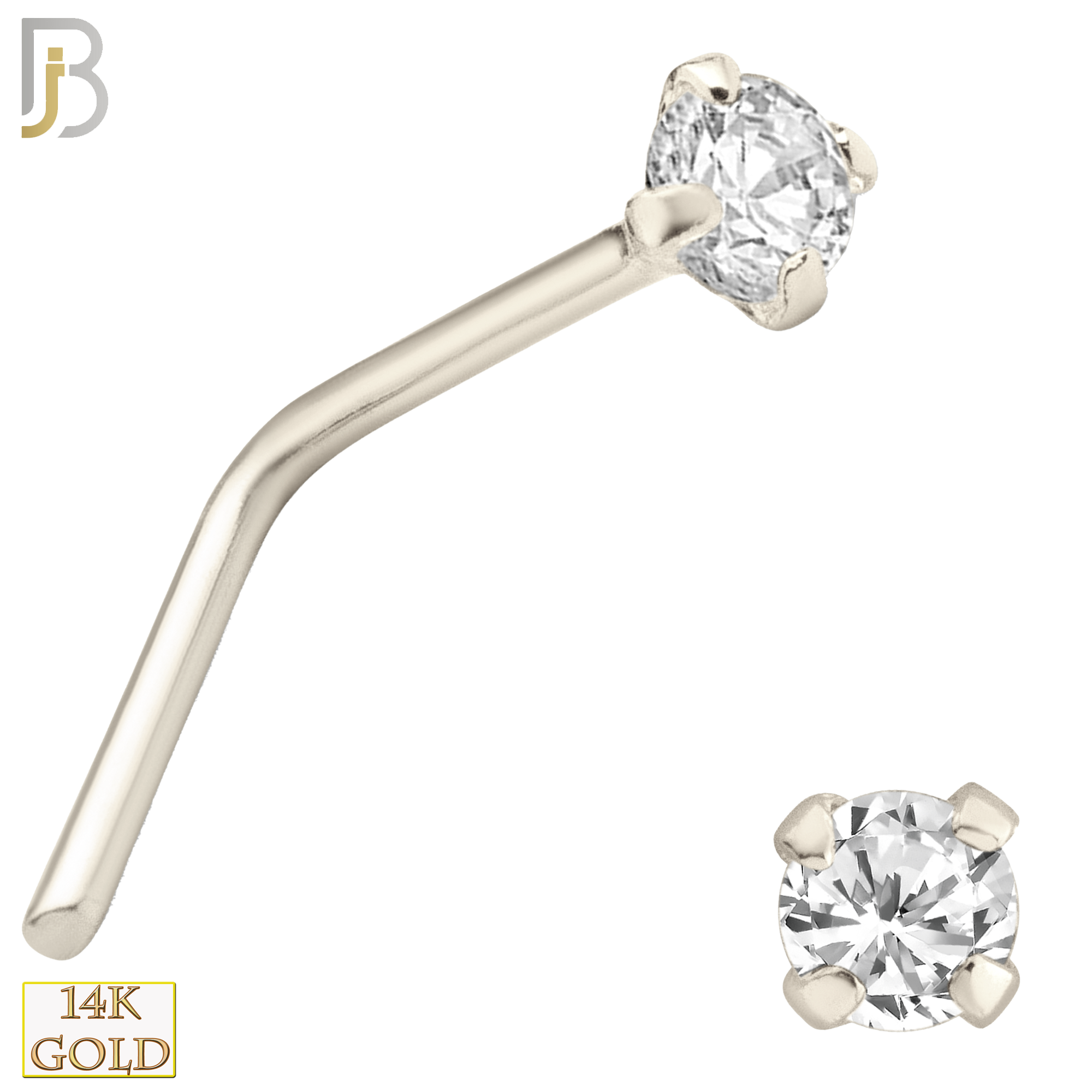 14-NR10CW-22 14k Solid White Gold 22g Prong Setting  Round Cubic Zircona L-Shape image 2