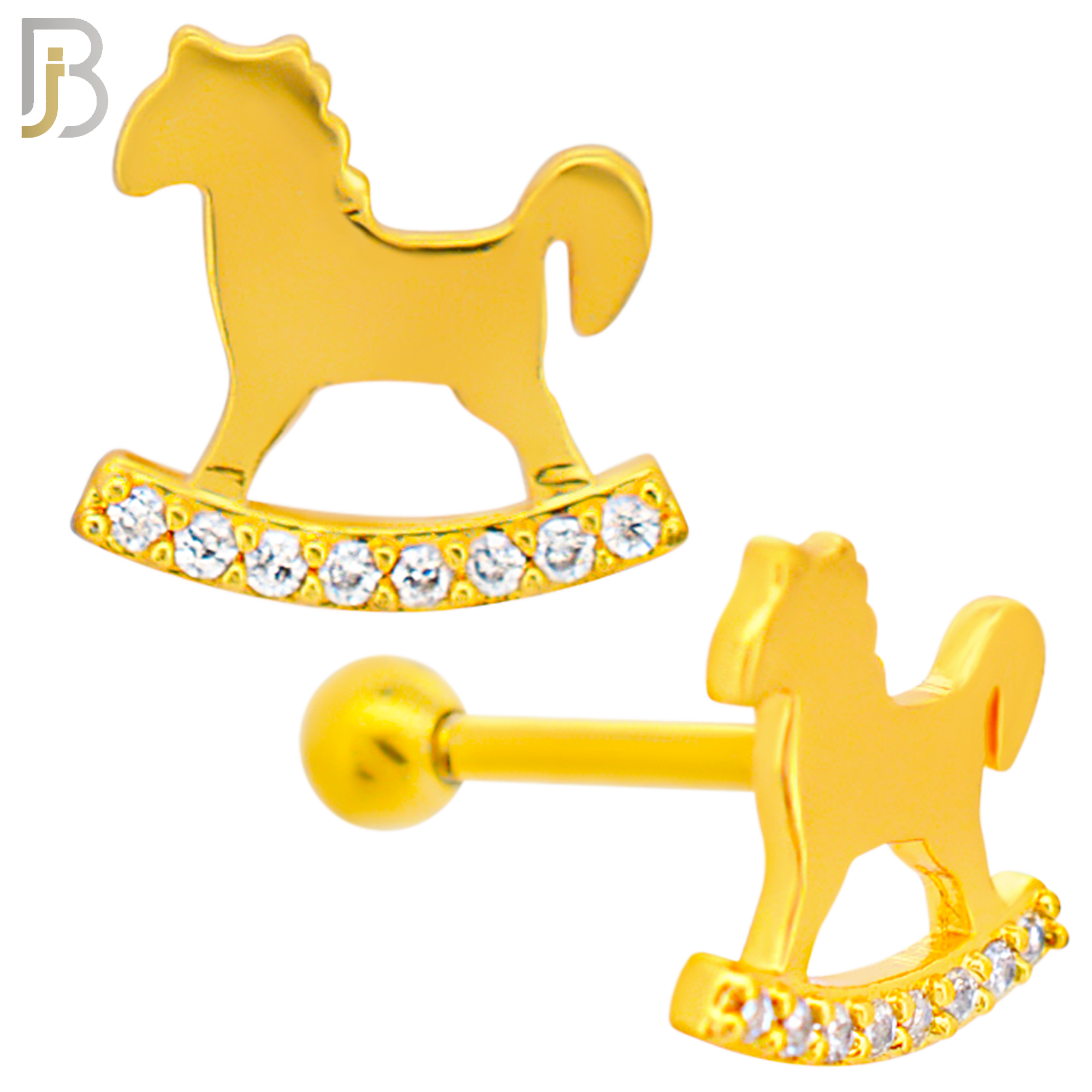 TB50 - 316L Stainless Steel and Brass Rocking Horse with Zircon Design Tragus Barbell Cartilage Piercing Externally Threaded (PACK OF 6) image 2