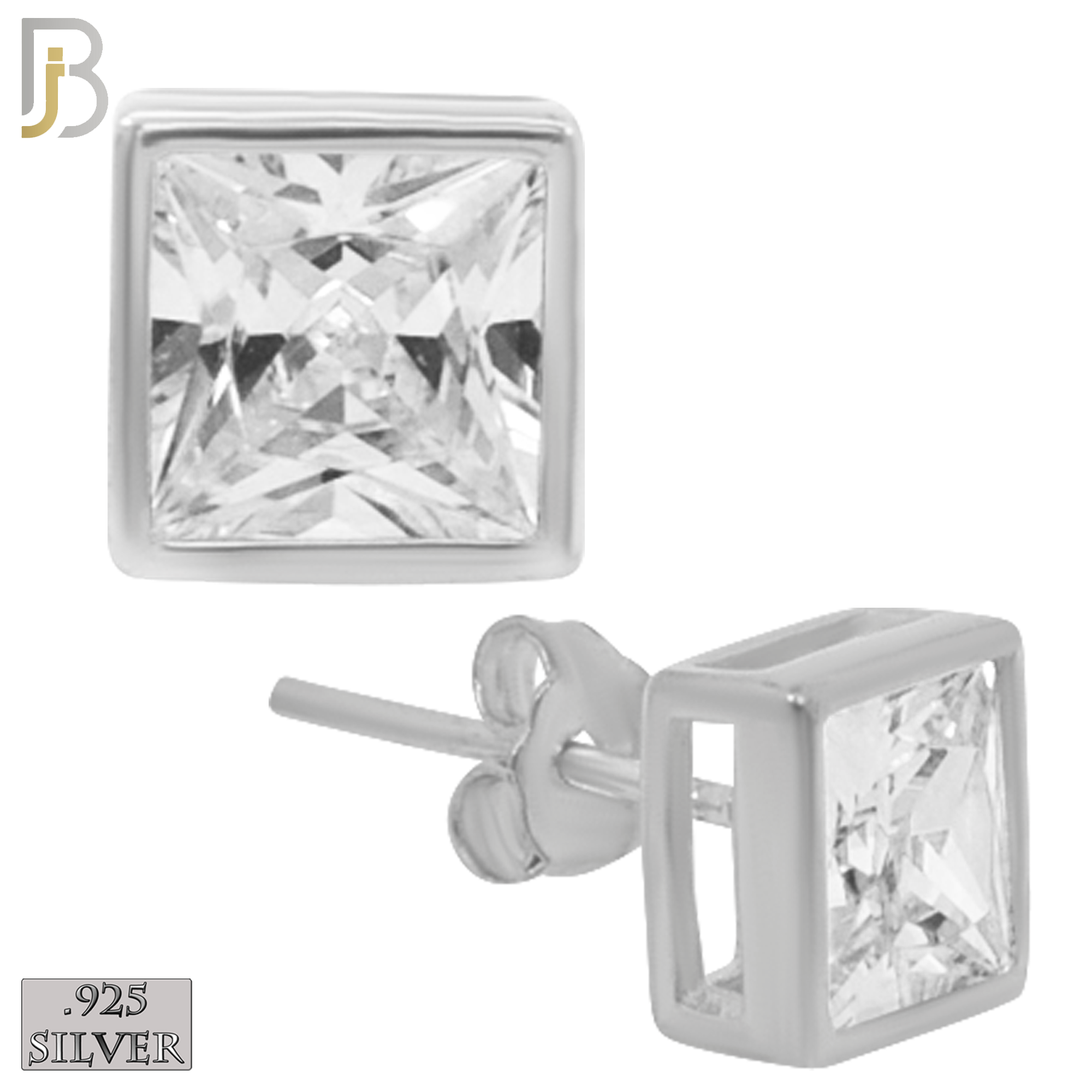 925-ES56-SC - .925 Sterling Silver Rhodium Plated Earring Stud Square Bezel Setting Clear Zircon image 0