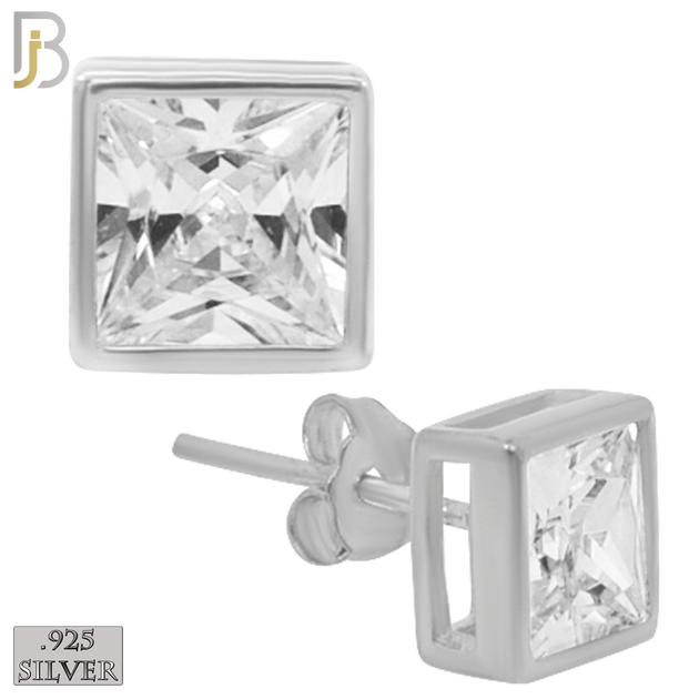 925-ES56-SC - .925 Sterling Silver Rhodium Plated Earring Stud Square Bezel Setting Clear Zircon image 0