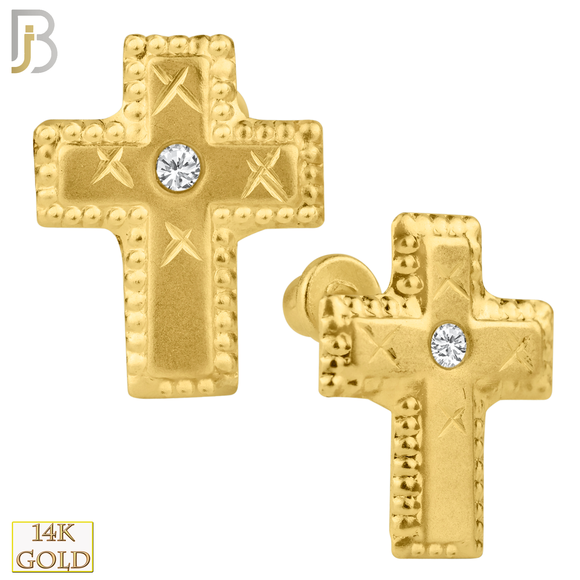 14-ES54 - 14k Yellow Gold Cross with Single Clear CZ Design Screw Back Stud Earrings image 0