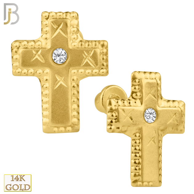 14-ES54 - 14k Yellow Gold Cross with Single Clear CZ Design Screw Back Stud Earrings image 0