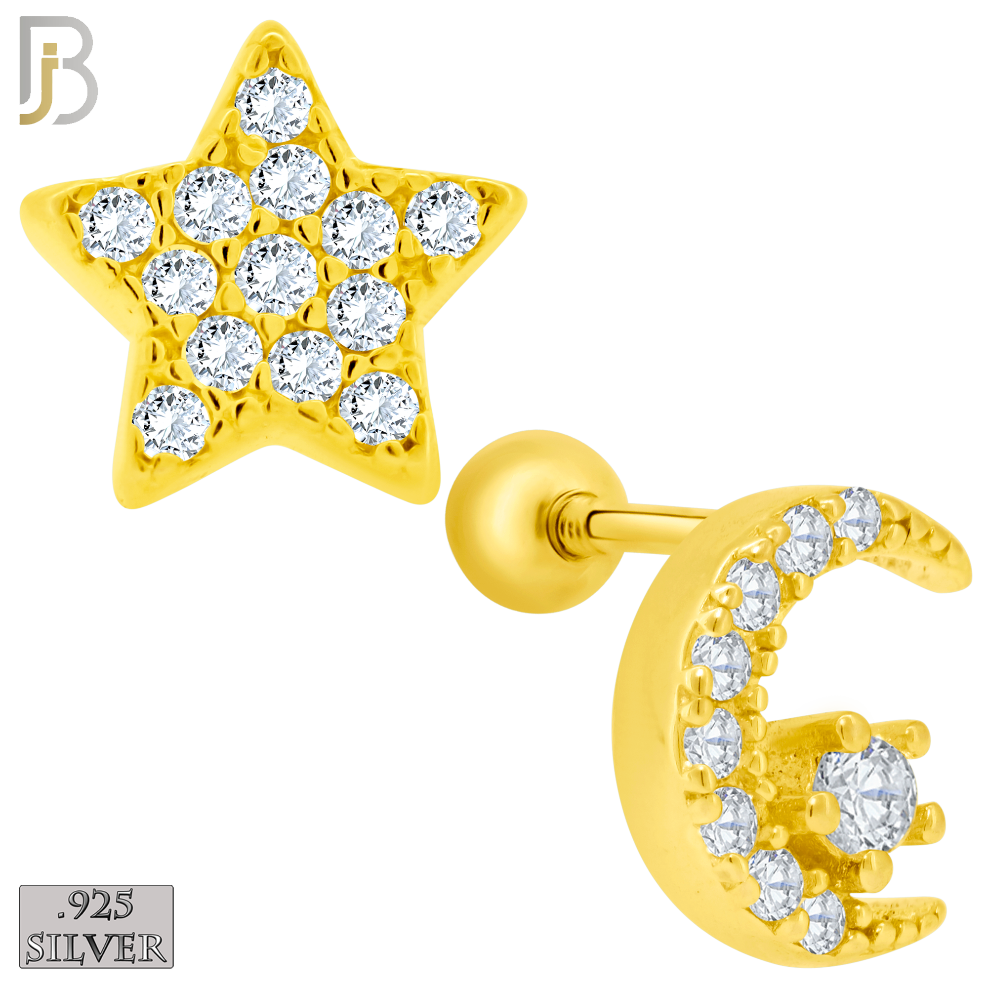 925-ES154 - Screw Ball Back - .925 Sterling Silver Crescent Moon and Star  Design with Zircon Design Earring Stud image 2