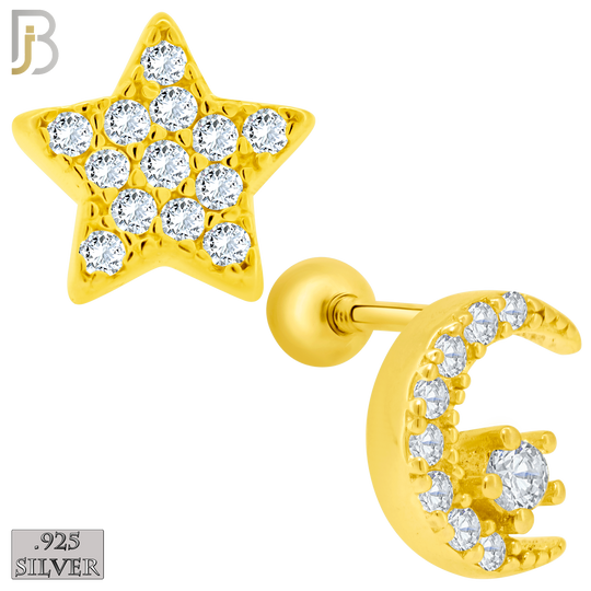 925-ES154 - Screw Ball Back - .925 Sterling Silver Crescent Moon and Star  Design with Zircon Design Earring Stud image 2