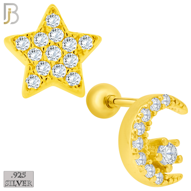 925-ES154 - Screw Ball Back - .925 Sterling Silver Crescent Moon and Star  Design with Zircon Design Earring Stud image 2
