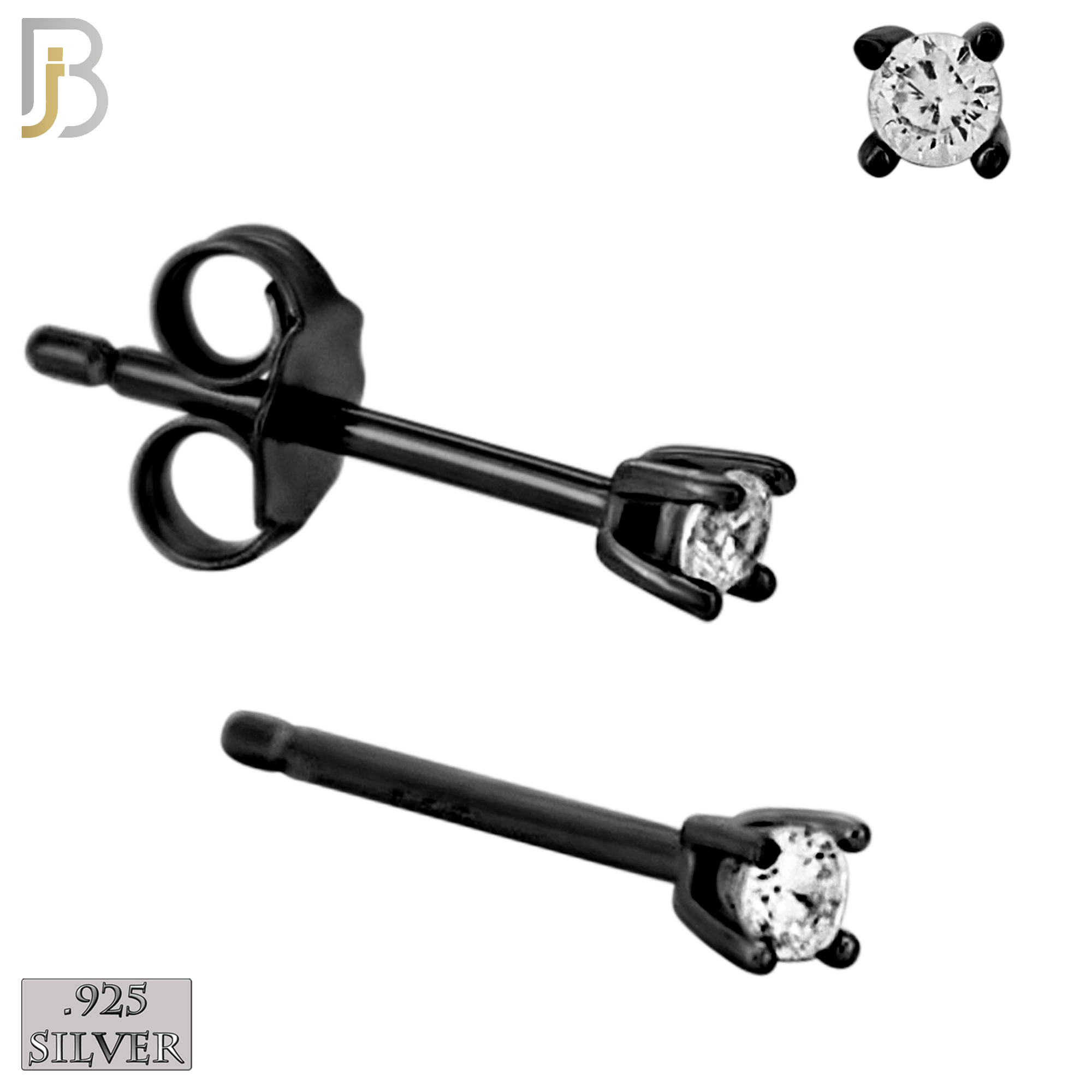 925-ES71-KC - .925 Sterling Silver Black Plated Earring Stud Casting Round Prong Setting Clear Zircon image 1