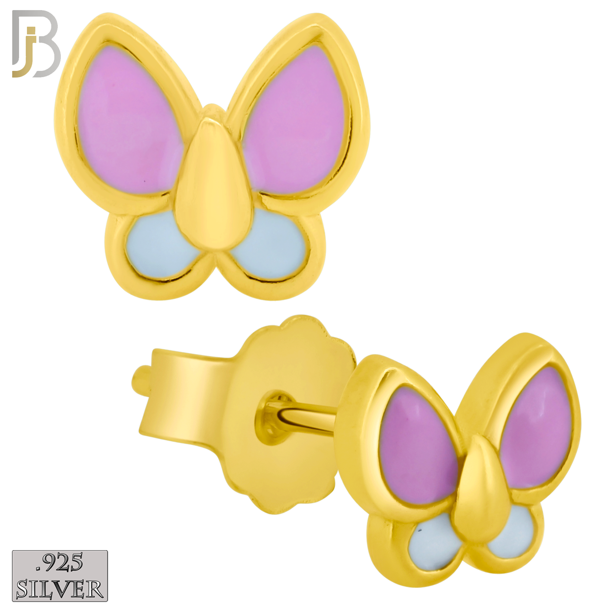 925-ES430 - Push Back - .925 Sterling Silver Pink & White Enamel Butterfly Earrings Stud image 1