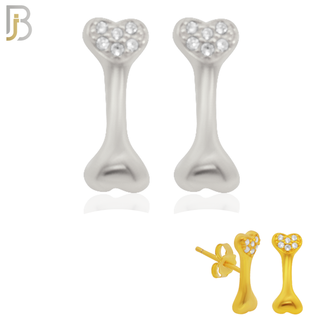 925-ES224 – .925 Sterling Silver Dog Bone with Heart Design Earring Stud with Zircon image 0