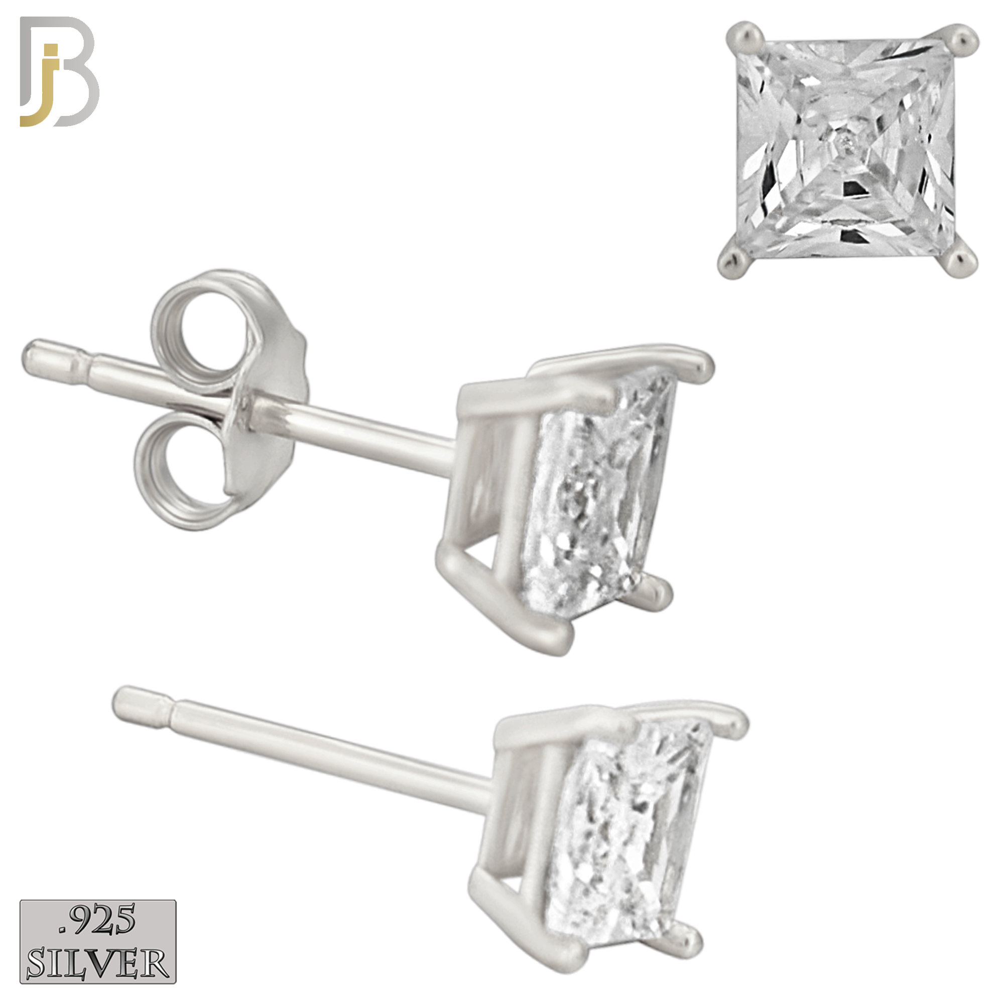 925-ES72-SC - .925 Sterling Silver Rhodium Plated Earring Stud Casting Square Princess Cut Prong Setting Clear Zircon image 4