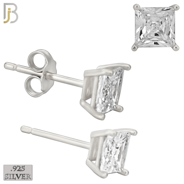 925-ES72-SC - .925 Sterling Silver Rhodium Plated Earring Stud Casting Square Princess Cut Prong Setting Clear Zircon image 4