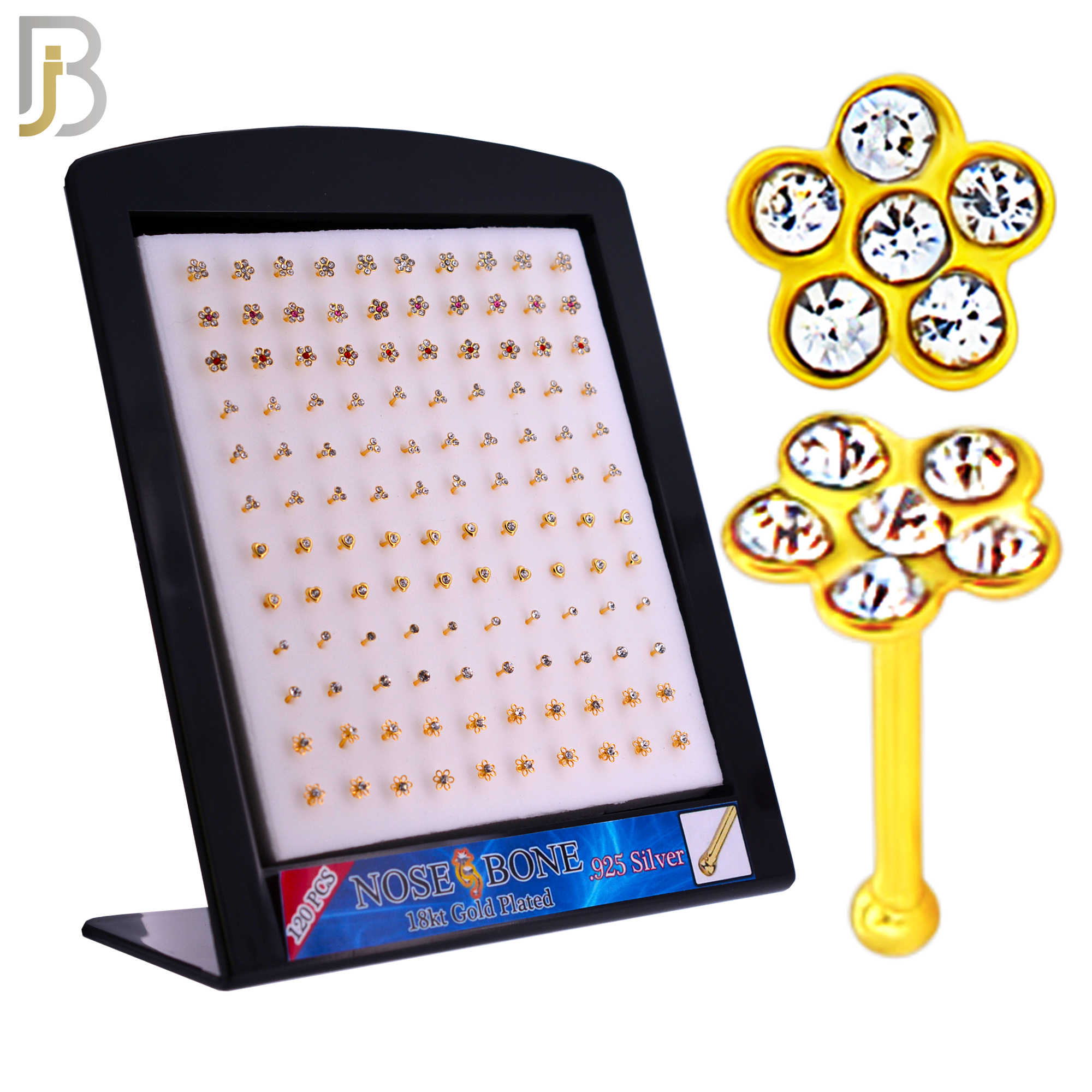 925-PK-NR08BY - 120 pcs, 18k Gold Plated Sterling Silver Nose Bones, 22g Thickness,  Assorted Shapes Tops Packages image 0