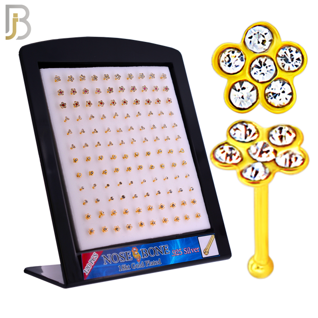 925-PK-NR08BY - 120 pcs, 18k Gold Plated Sterling Silver Nose Bones, 22g Thickness,  Assorted Shapes Tops Packages image 0