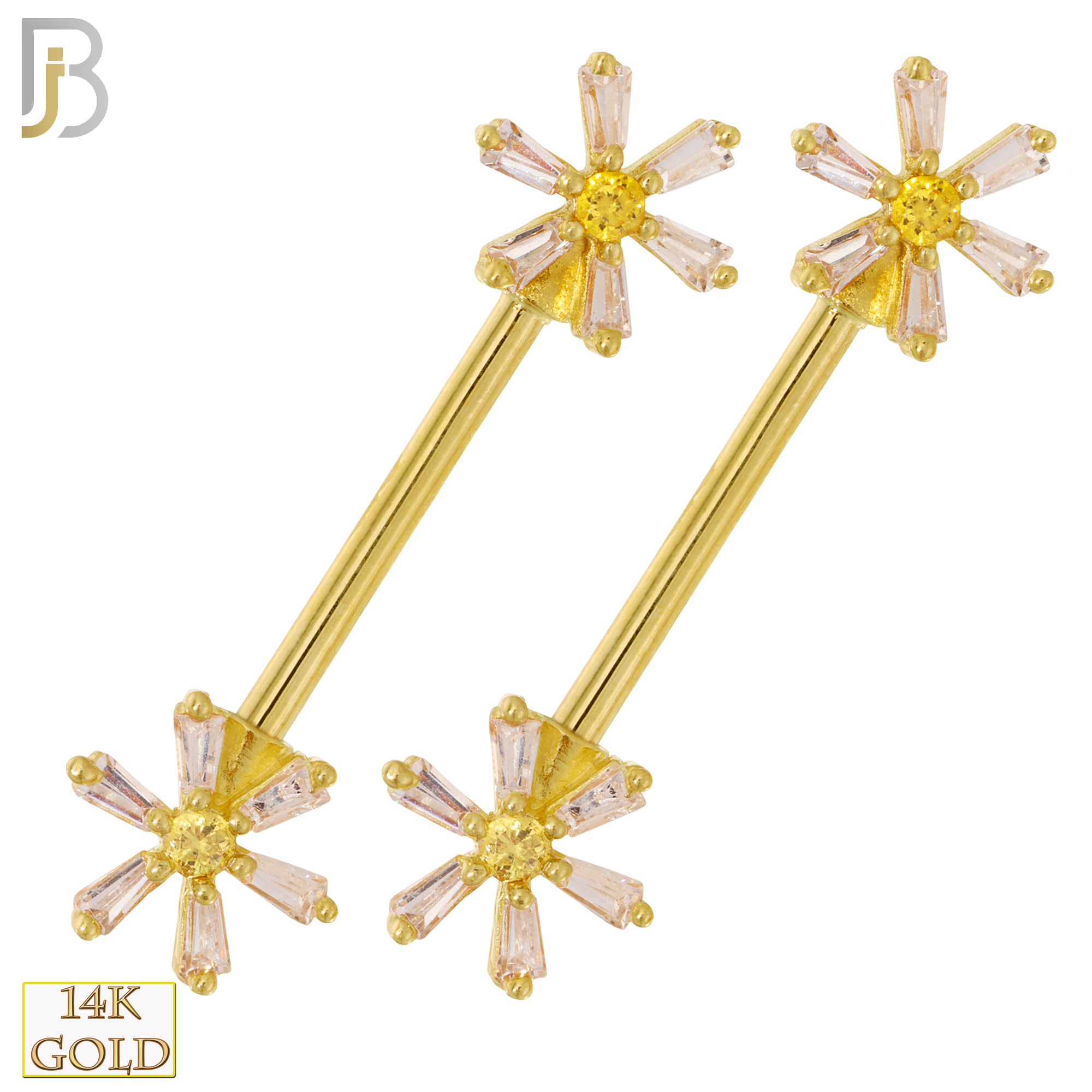 14-NP29 – 14K Solid Gold Flower Design with Zircon Externally Threaded Nipple Ring (Pair) image 2